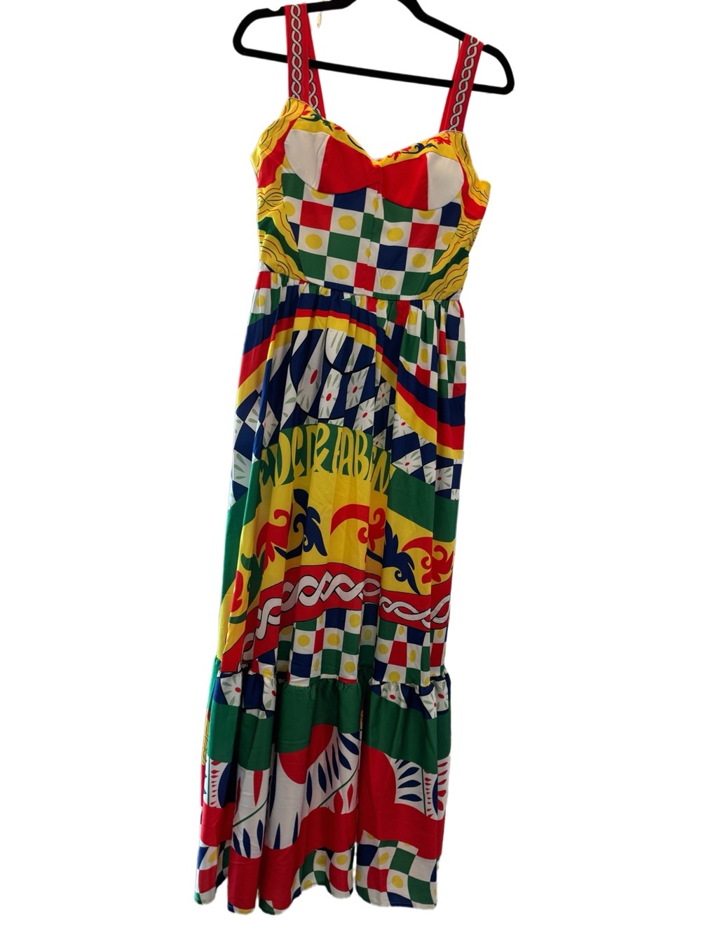 Designer-style Sicilian Motif Patterned Maxi Dress with Red Straps